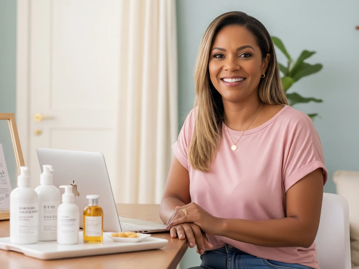Mulher vendedo como afiliada em casa, em um computador.