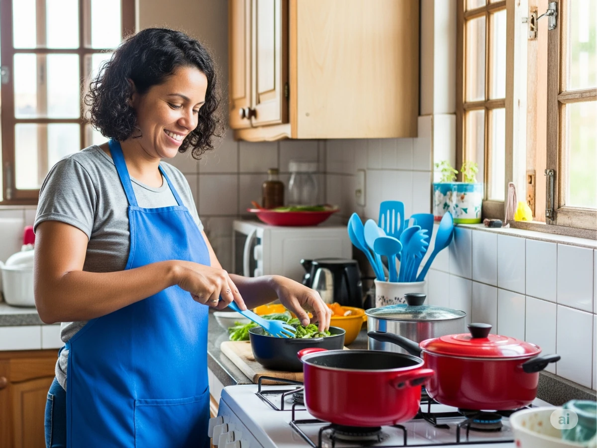 Mulher vestindo um avental azul conzinando feliz alimentos saudáveis.