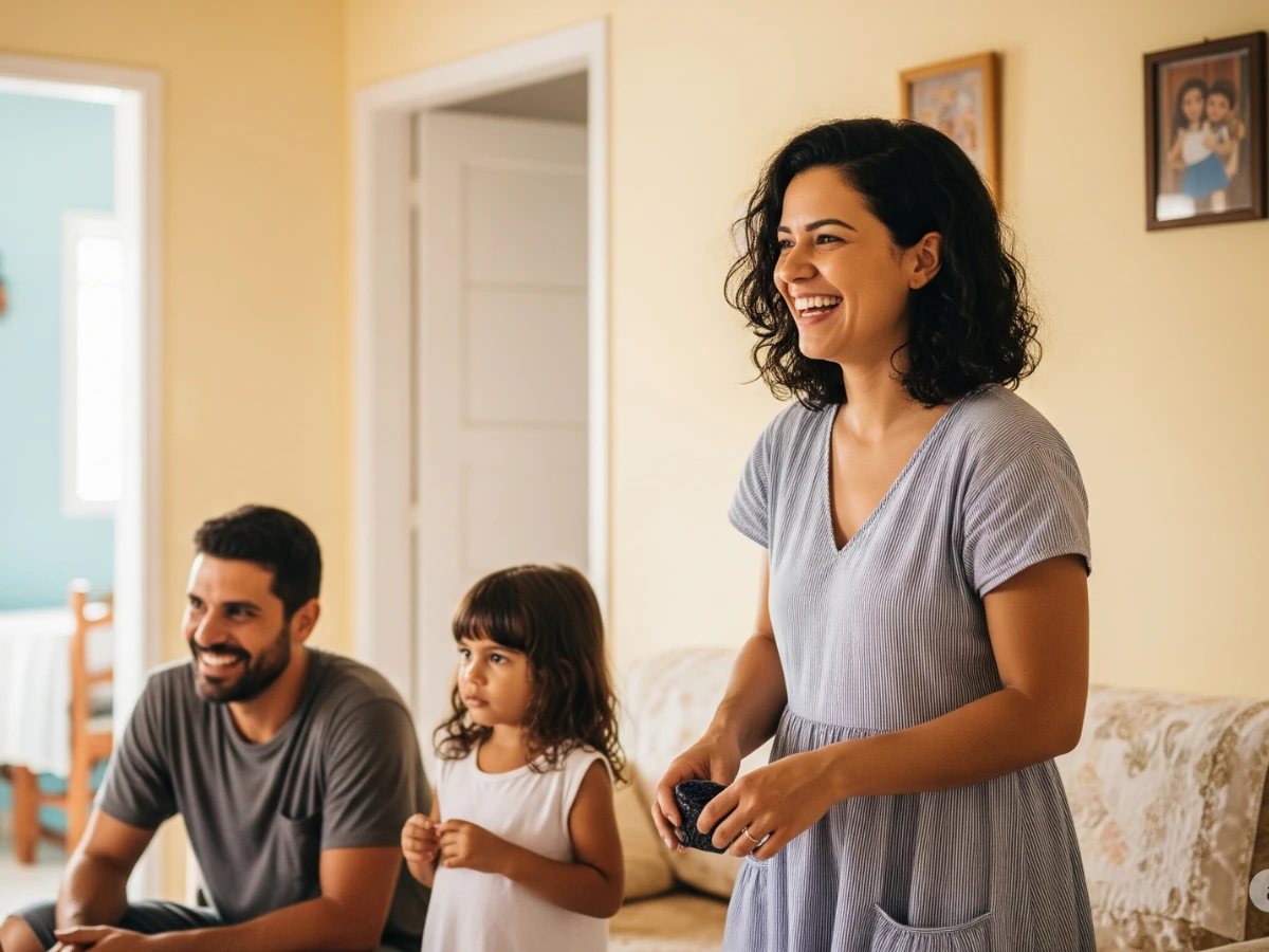 Mulher virtuosa se divertindo com a familia.